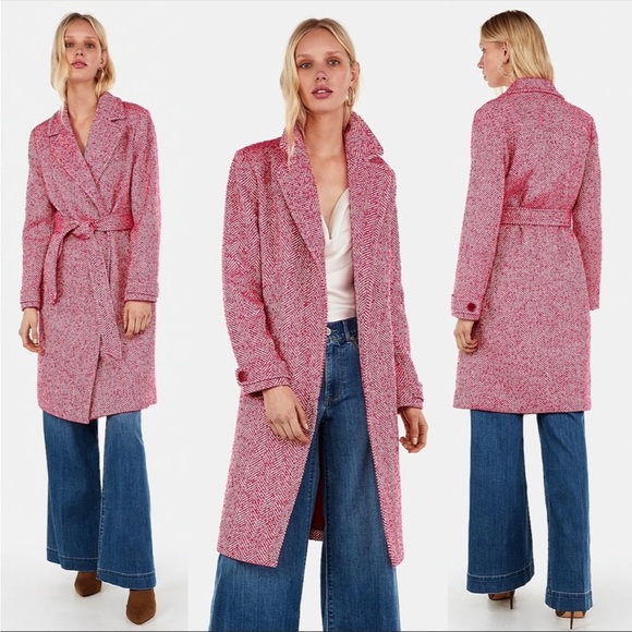 Express Jackets & Blazers - EXPRESS | Pink white tweed Barbicore wool winter coat trench women’s Small
